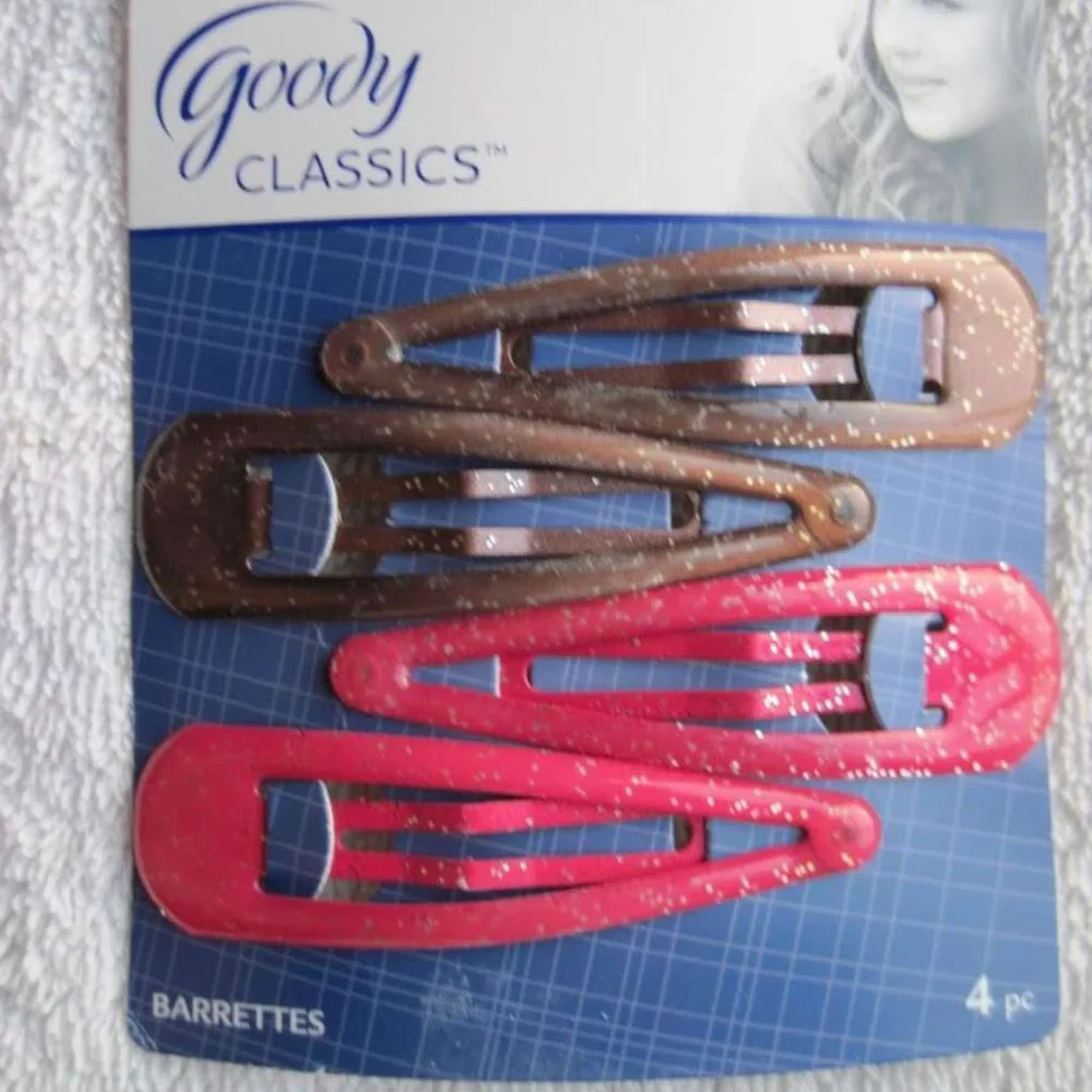 4 Goody Classics Glittery Epoxy Covered Metal Hair Snap Clips Magenta Pink Brown